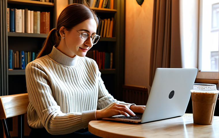 **

"A professional female blogger in a modest, stylish outfit, writing on a laptop in a cozy, sunlit cafe in Moscow.  Warm lighting, bookshelves in the background.  Fully clothed, appropriate attire, safe for work, perfect anatomy, natural proportions, family-friendly, professional photography."

**